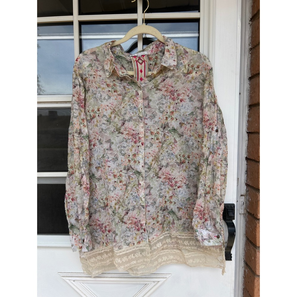 3J Workshop Johnny Was Floral Cotton Silk Lace Trim Button Down Shirt Large - Picture 7 of 14